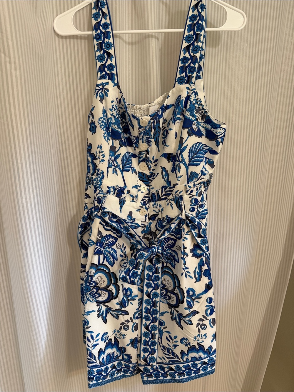 SugarLips White Romper  with Blue Floral Print and Tie Waist